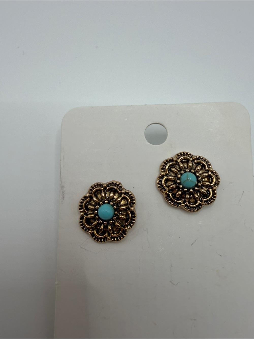 Gold Floral Stud Earrings with Turquoise Center